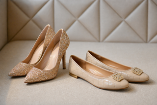 Champagne Glitter Heels And Vinci Leather Shoes For Women no men shoes