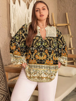 Plus Size Floral Print Notched Blouse - Glamourous Grace