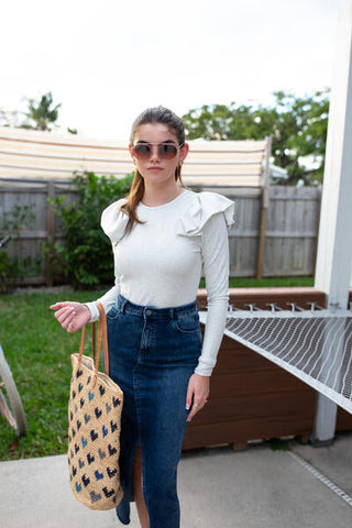 Ruffle-Shoulder Tee- Heather Gray