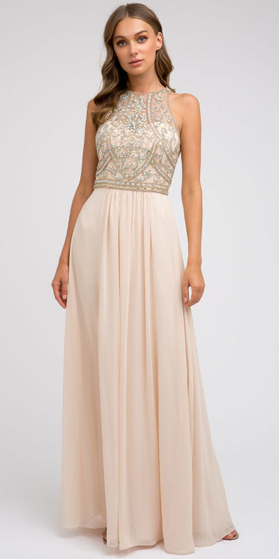Juliet 609 A Line Chiffon Floor Length Gown Cut Out Back - Glamourous Grace