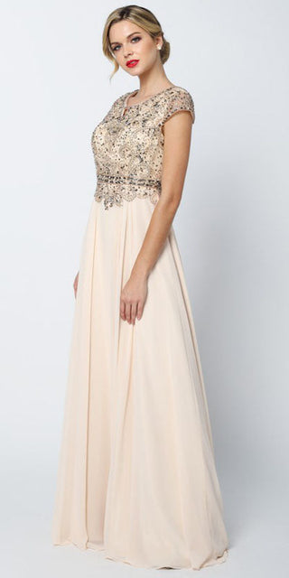 Juliet 657 Cap Sleeves Beaded Bodice A-line Long Dress