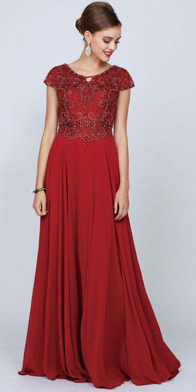 Juliet 657 Cap Sleeves Beaded Bodice A-line Long Dress - Glamourous Grace