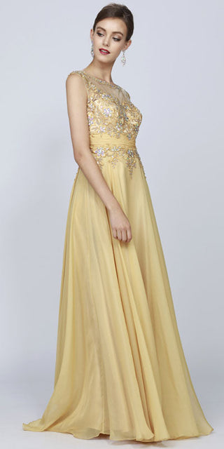 Juliet 552 Long Jewel Neckline Studded Bodice A-Line Gown