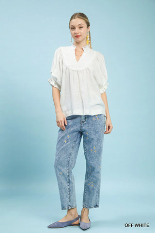 Umgee Smocked Yoke Blouse with Ruffle Sleeves in Off White - Glamourous Grace
