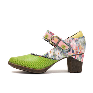 Women's Spring Heels Dress Shoes Party Round Toe Elegant Cowhide Loafer Green Pumps