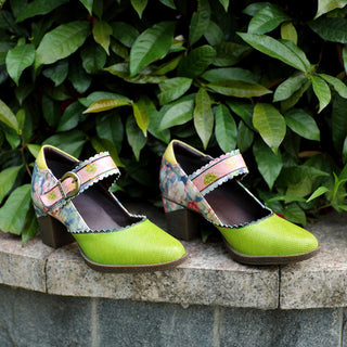 Women's Spring Heels Dress Shoes Party Round Toe Elegant Cowhide Loafer Green Pumps