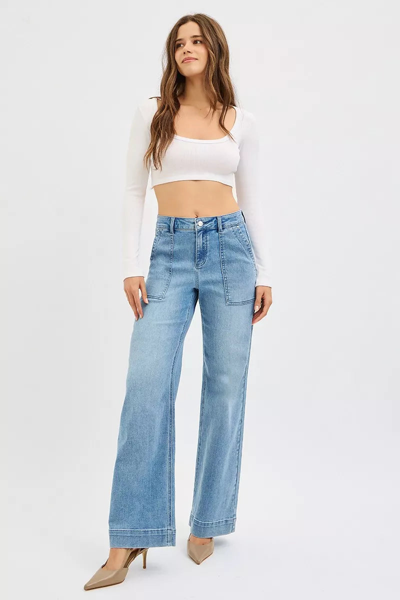 RISEN High Rise Straight Leg Jeans with Front Pockets