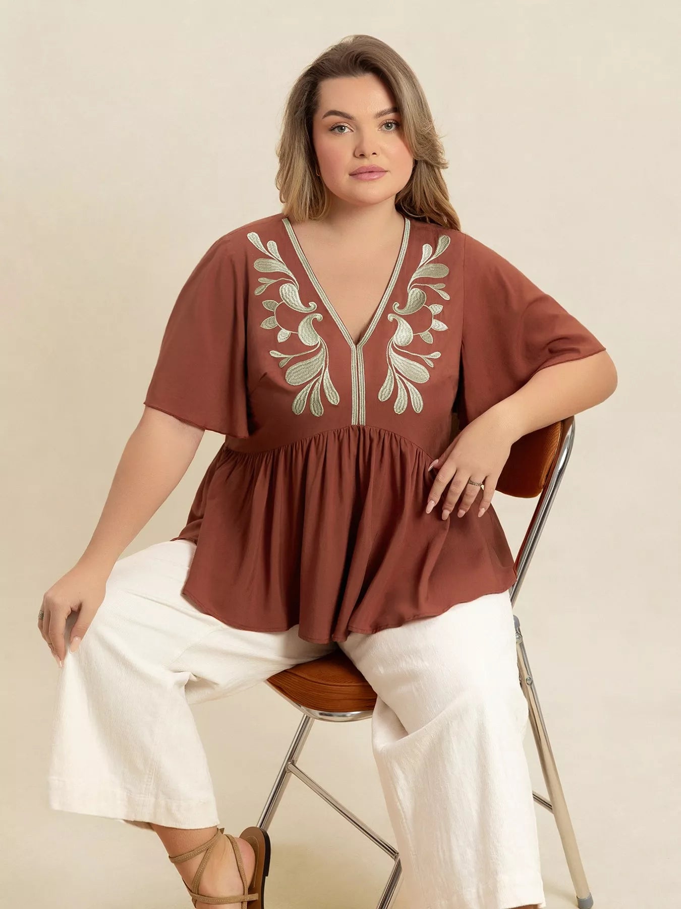 Plus Size Embroidered V-Neck Flutter Sleeve Blouse - Glamourous Grace