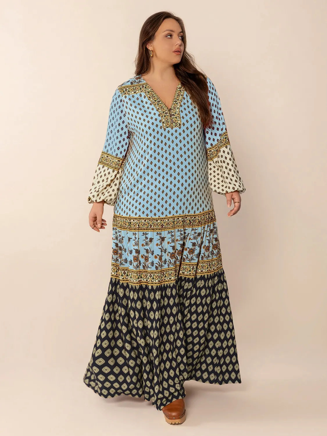 Plus Size Printed V-Neck Balloon Sleeve Maxi Dress - Glamourous Grace