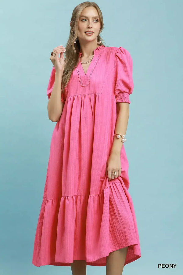 Umgee Textured Puff Sleeve Midi Dress - Glamourous Grace