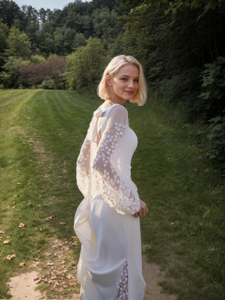 Minimalist Square Neck Wedding Dress with Sheer Embroidered Sleeves – Modern Bridal Elegance - Glamourous Grace