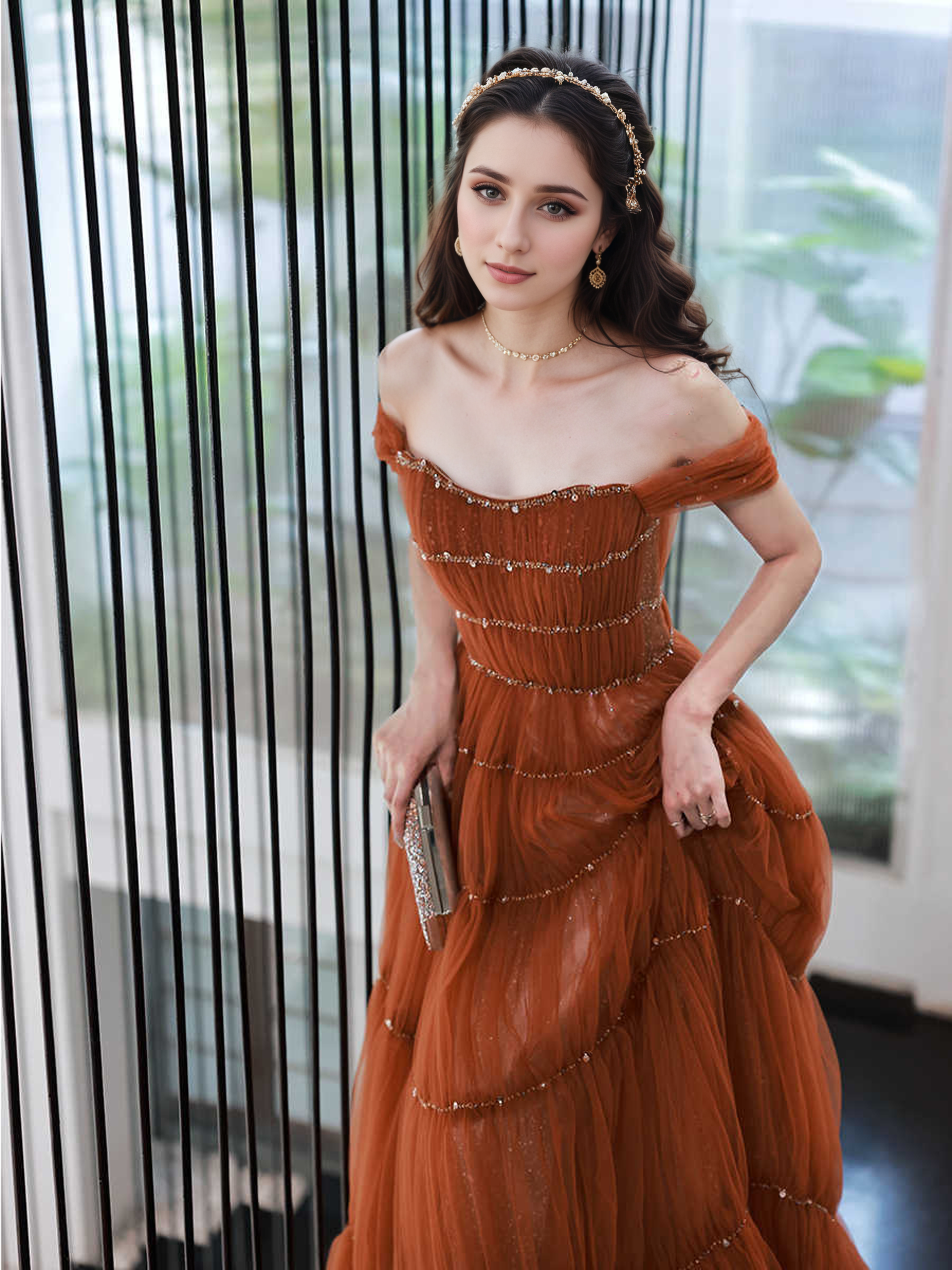 Tiered Tulle Off-Shoulder Gown with Crystal Beading - Glamourous Grace