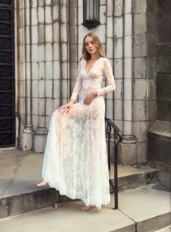 Luxury Long Sleeve Lace Sheer Robe Dress | Bridal Getting Ready & Boudoir Gown - Glamourous Grace