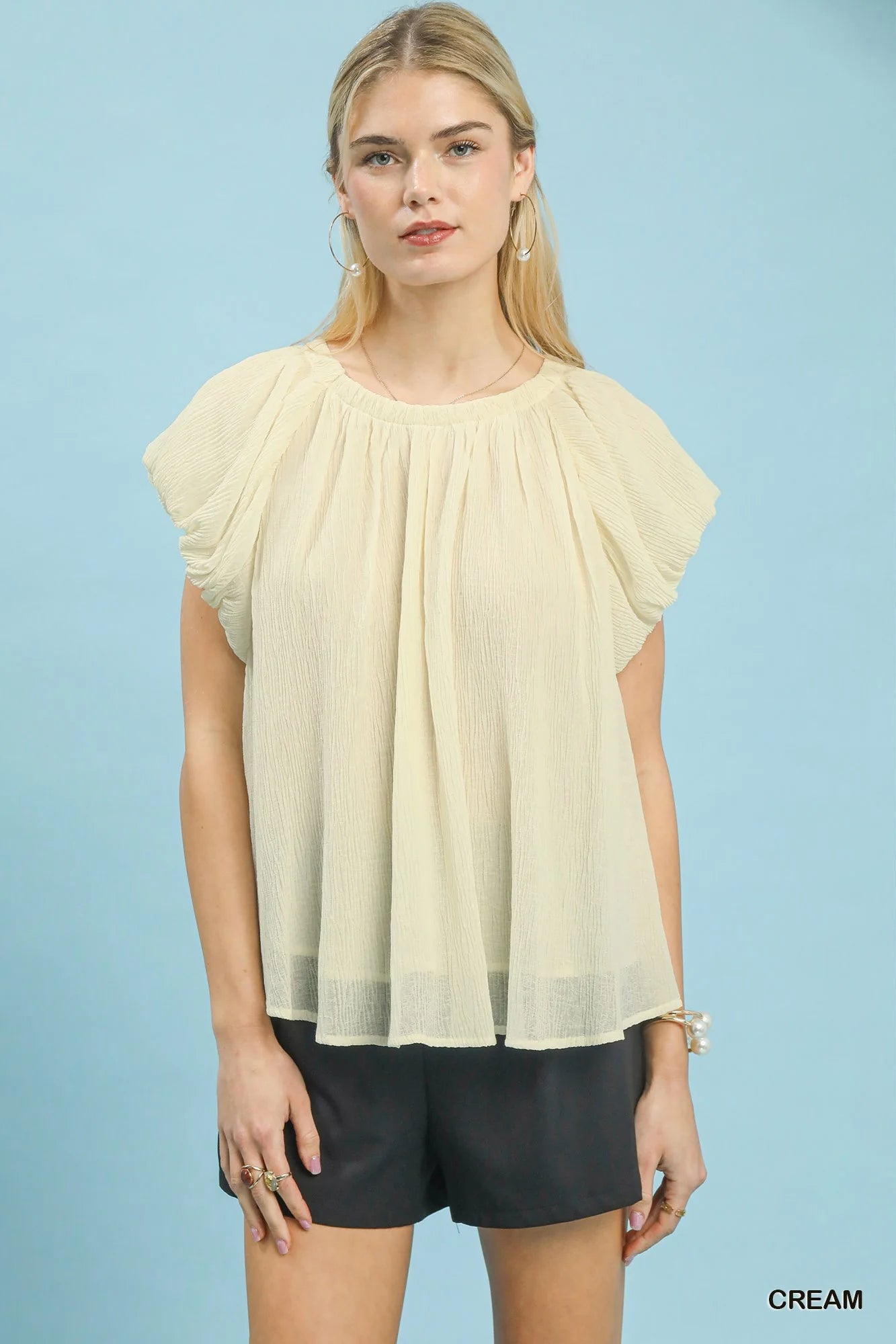 Umgee Crinkle Flutter Sleeve Peasant Top in Cream - Glamourous Grace