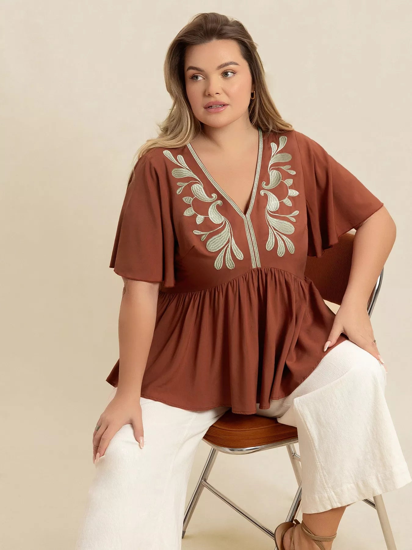 Plus Size Embroidered V-Neck Flutter Sleeve Blouse - Glamourous Grace