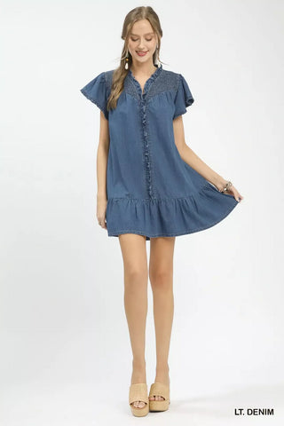 Umgee Ruffled Washed Denim Dress - Glamourous Grace