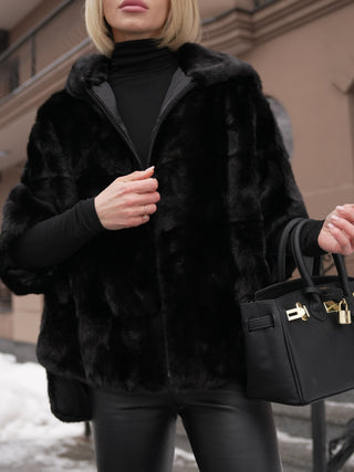 Genuine Scandinavian Mink Fur Poncho with Fully Lined Mink Hood
