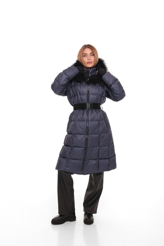 Cyrus Genuine Fur Trim Down Fill Coat in Navy