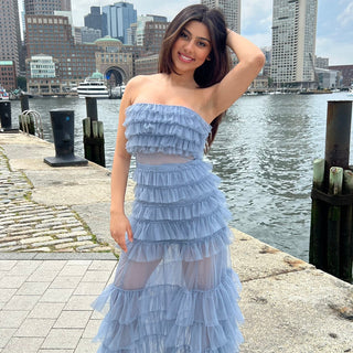 Georgia Maxi Dress - Smoky Blue - Ruffle Tulle Dress With Sheer Detail - Glamourous Grace