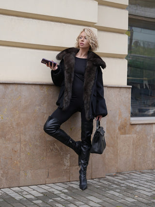 Rimini Genuine Fur Trim Wool Blend Parka in Black