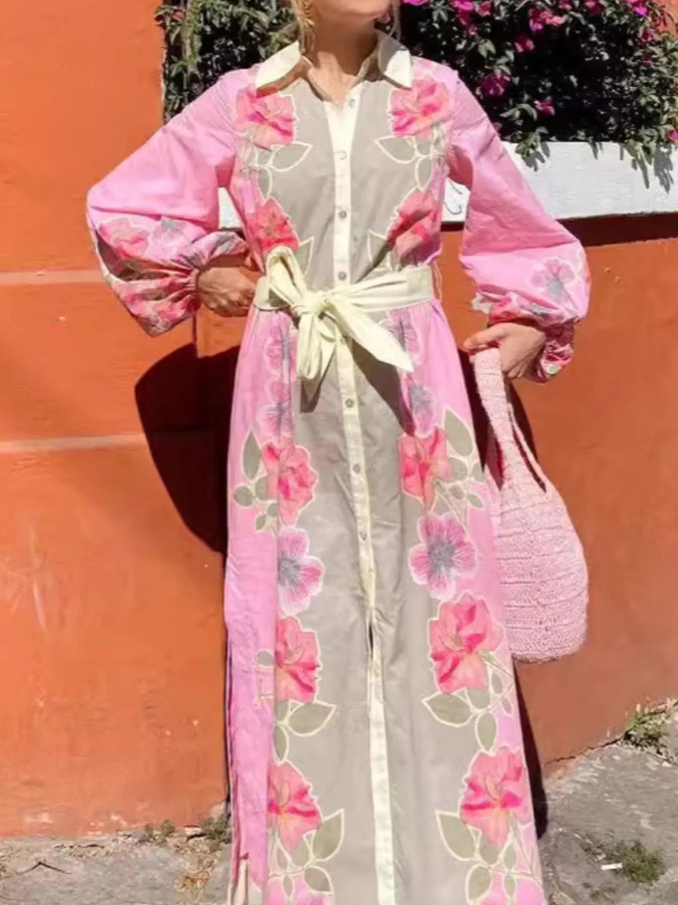 Floral Print Long Sleeve Maxi Shirt Dress - Glamourous Grace