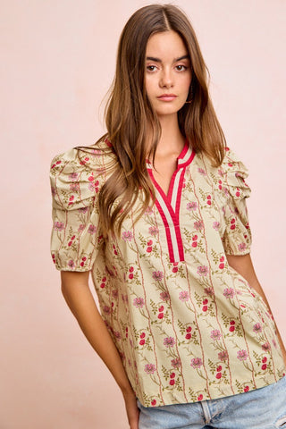 BiBi Floral Gather Sleeves Contrast Neckband Blouse Top - Glamourous Grace