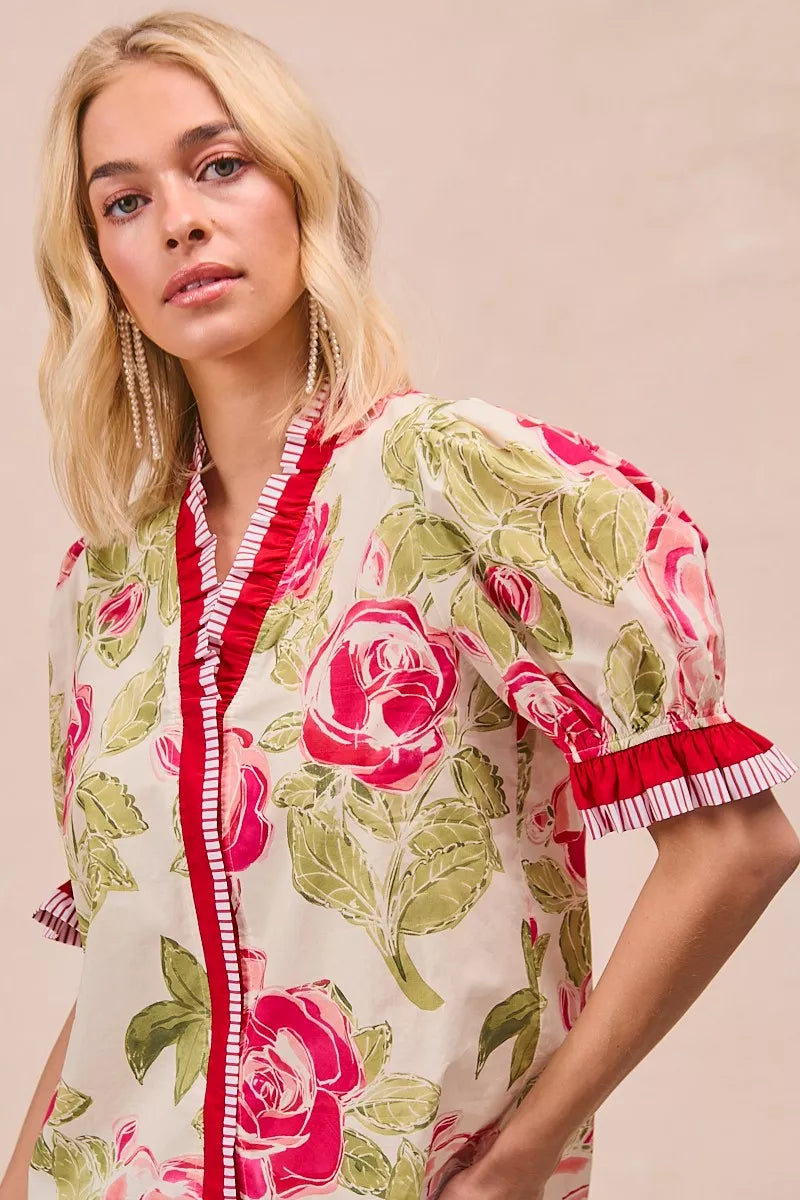 BiBi Floral Printed Woven Contrast Edge Ruffled Blouse - Glamourous Grace