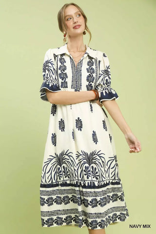 Umgee Border Print Midi Dress with Puff Sleeves - Glamourous Grace