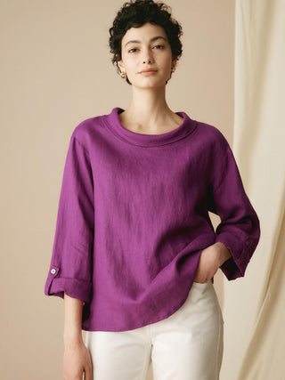 LINTICO 100% linen draped neck top, stylish blouse with relaxed fit, natural linen fabric, and elegant draping details.