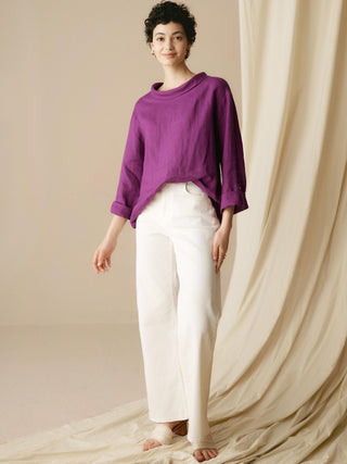 LINTICO 100% linen draped neck top, stylish blouse with relaxed fit and elegant neckline, perfect for casual or dressy wear