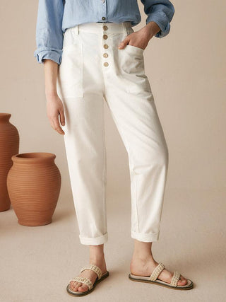 LINTICO Linen Simple Button Fly Trousers HEIDI, lightweight linen blend pants with front button closure and relaxed fit.