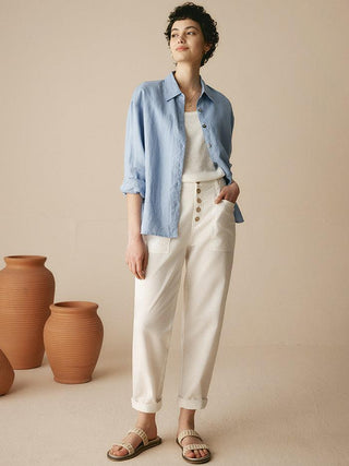 LINTICO Linen Simple Button Fly Trousers HEIDI in beige, lightweight linen blend bottoms with a relaxed fit and button closure.
