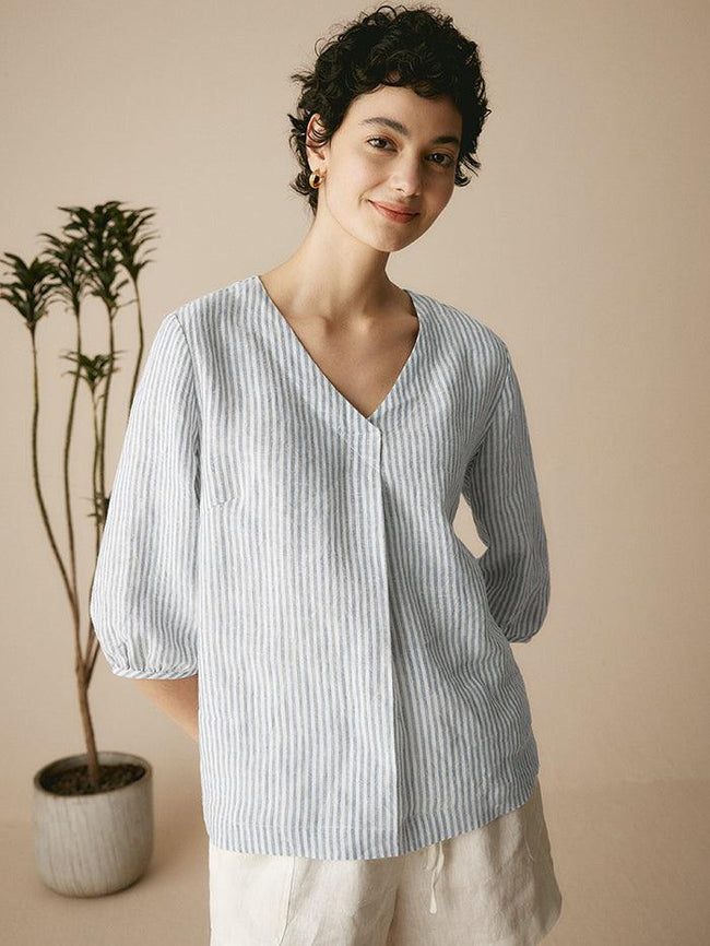100% Linen Puff Sleeves Top LEAH - Glamourous Grace