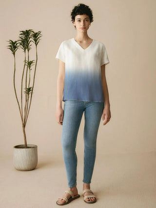 100% Linen Easy Popover V-Neck Boxy Top DAWN