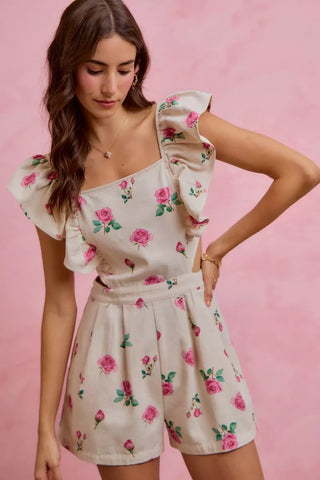 SO ME Floral Print Denim Cut Out Waist Ruffled Romper - Glamourous Grace