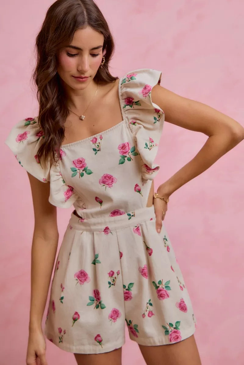 SO ME Floral Print Denim Cut Out Waist Ruffled Romper - Glamourous Grace