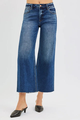 RISEN Mid Rise Crop Wide Raw Cut Hem Jeans