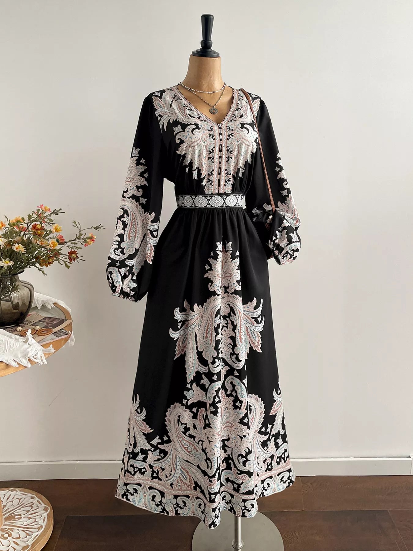 Plus Size Printed V-Neck Balloon Sleeve Dress - Glamourous Grace