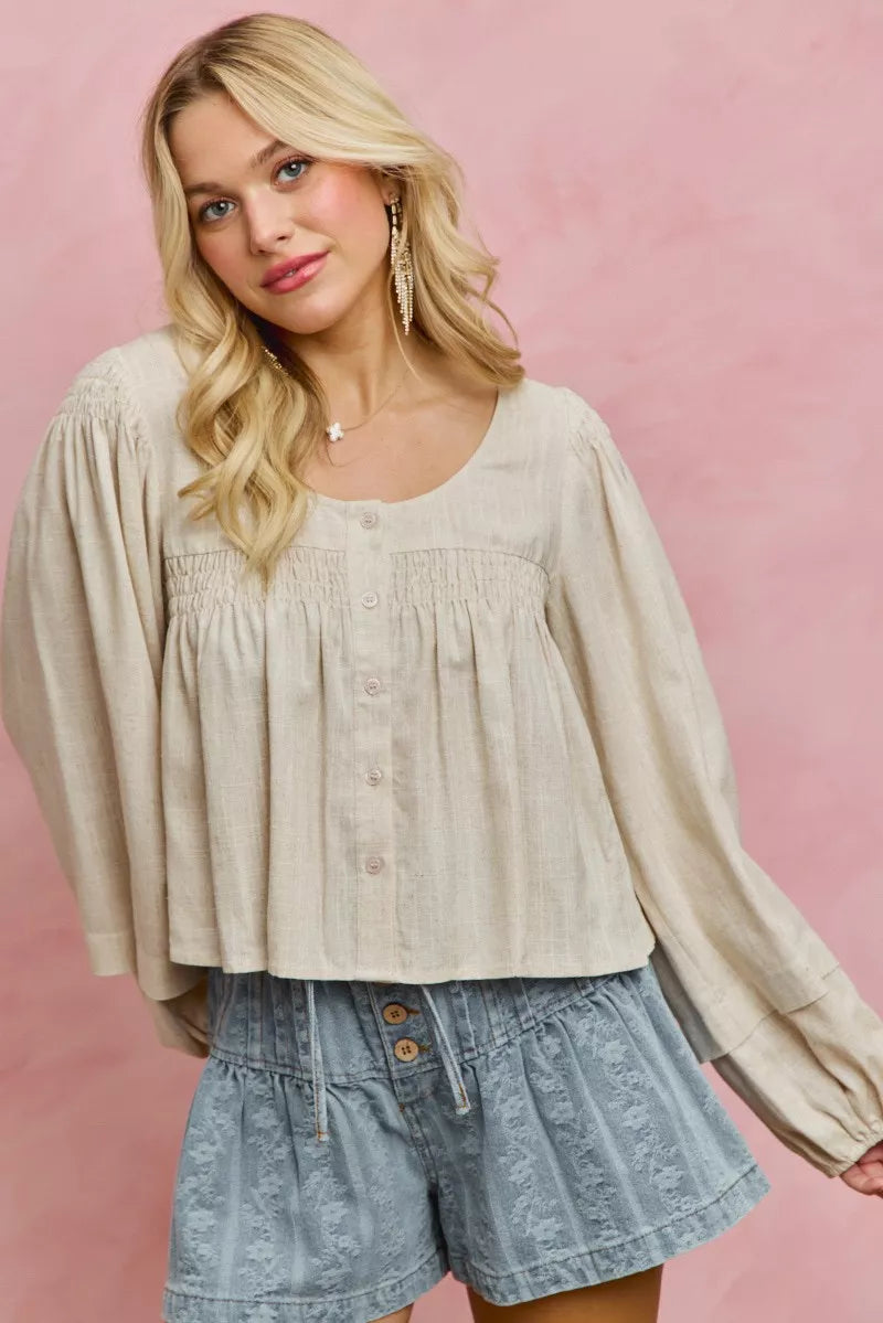 SO ME Linen Blend Woven Long Sleeve With Smocking Top - Glamourous Grace