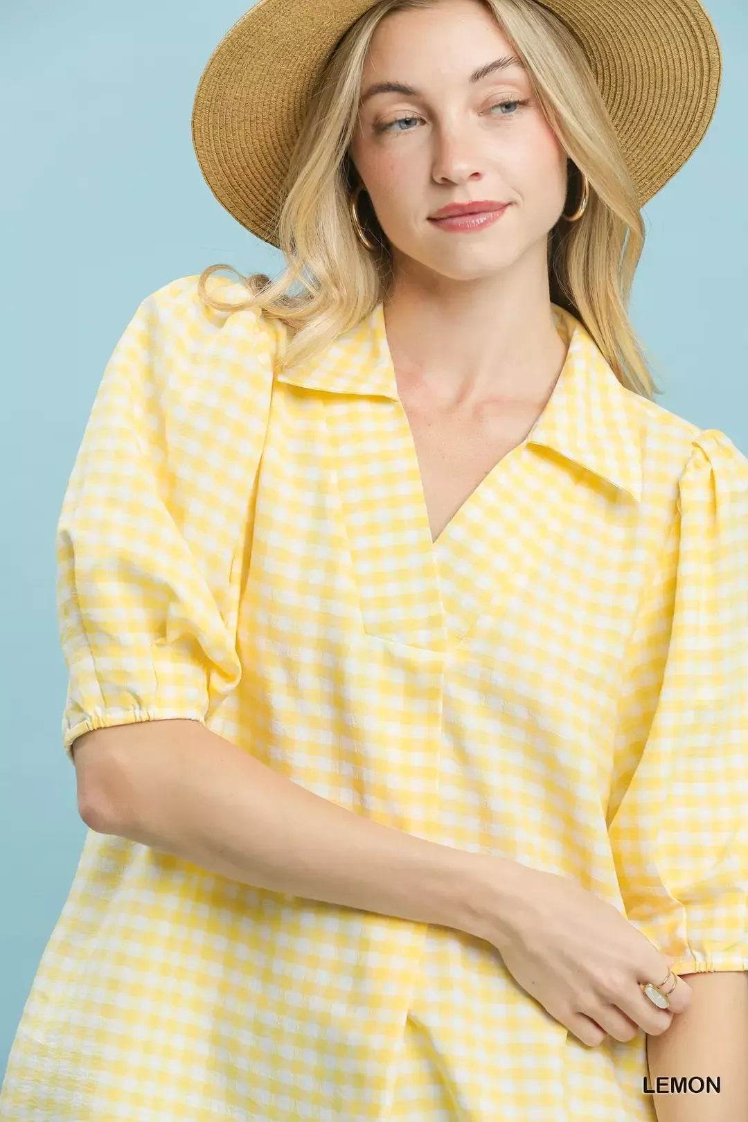 Umgee Gingham Puff Sleeve Collared Blouse - Glamourous Grace