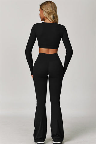 The Lavish Long Sleeve Cut-out Crop Top Flared Leggings 2-Piece Set