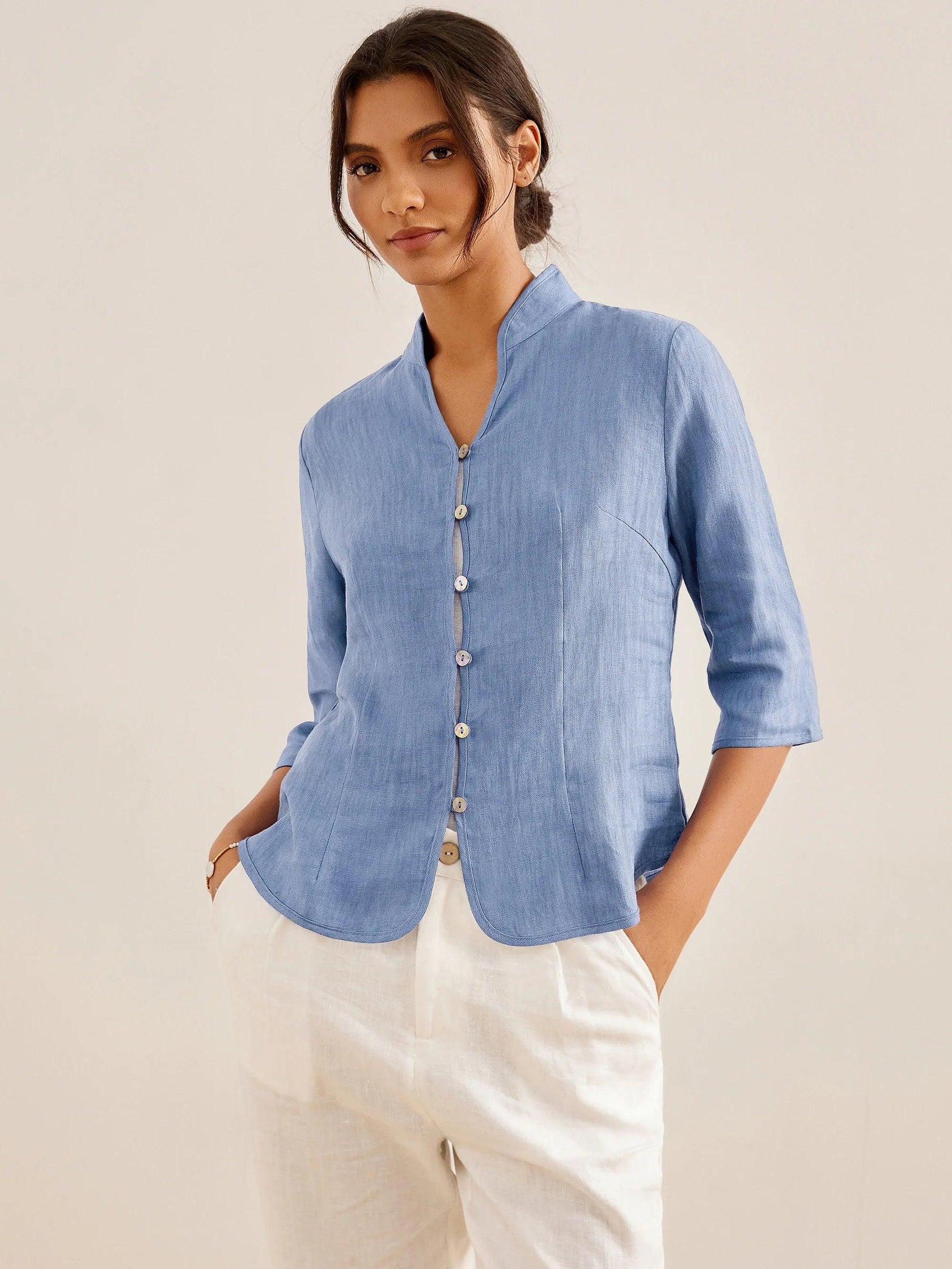 100% Linen Hand Button Fitted Jacket AMELIA - Glamourous Grace