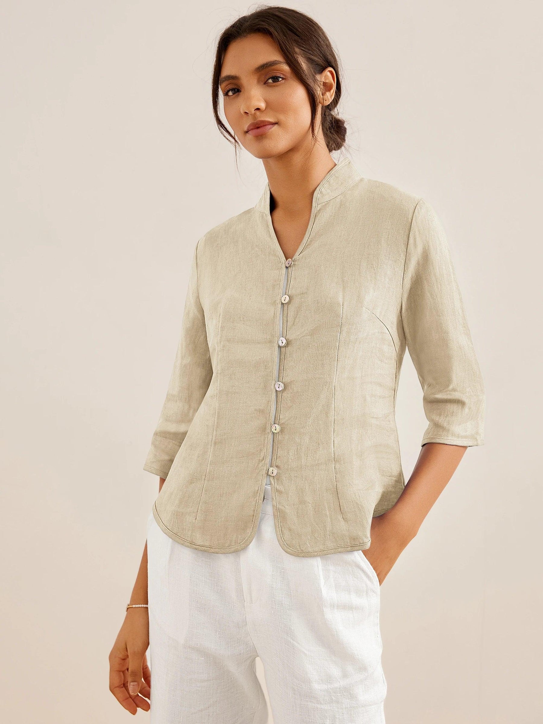 100% Linen Hand Button Fitted Jacket AMELIA - Glamourous Grace