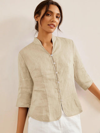 100% Linen Hand Button Fitted Jacket AMELIA - Glamourous Grace