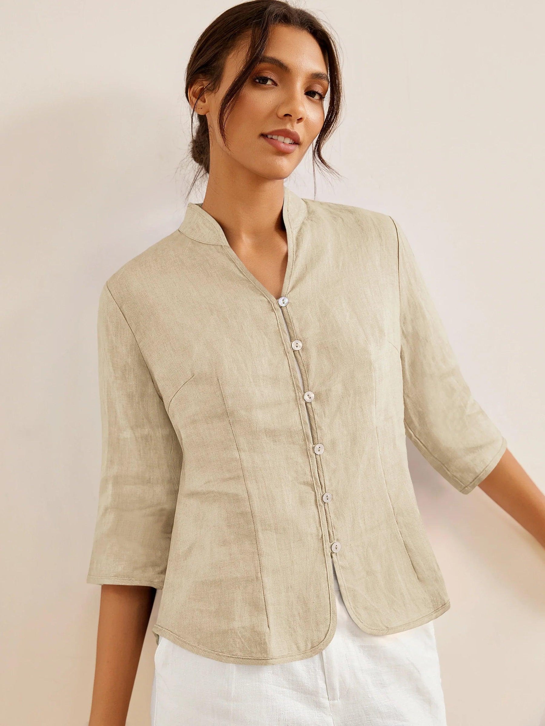 100% Linen Hand Button Fitted Jacket AMELIA - Glamourous Grace
