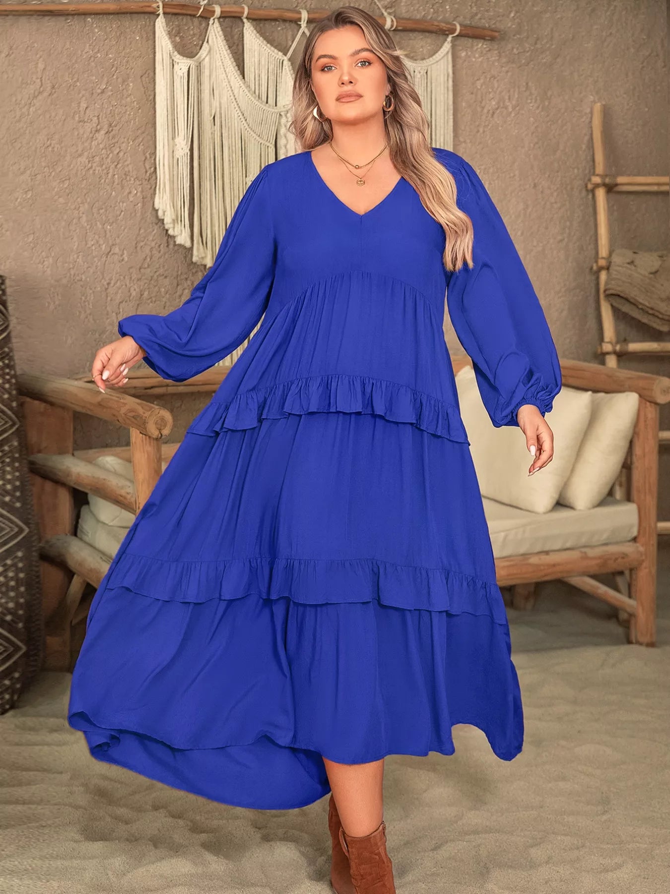 Plus Size Balloon Sleeve Ruffle Tiered Flowy Dress - Glamourous Grace