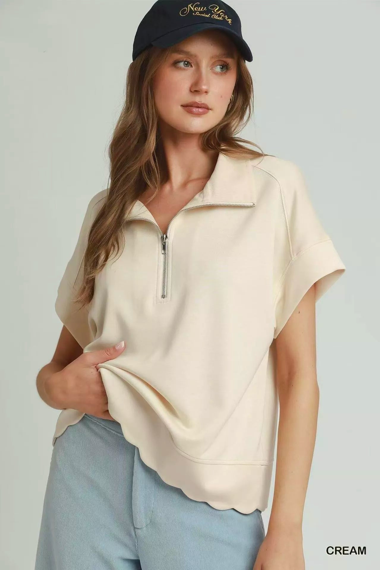 Umgee Half Zip Pullover with Scalloped Edge Hem - Glamourous Grace