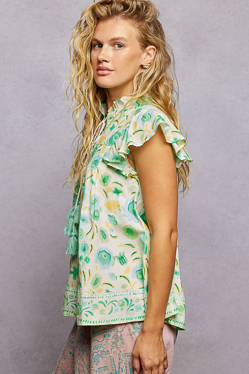 POL Tassel Tied Floral Flutter Sleeve Blouse in Mint - Glamourous Grace