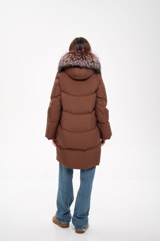 Tyler Genuine Silver Fox Down Coat in Chocolate