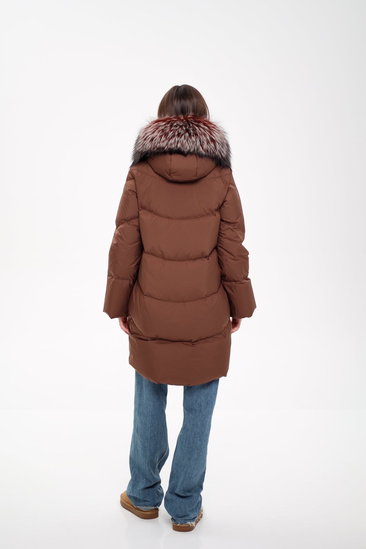 Tyler Genuine Silver Fox Down Coat in Chocolate